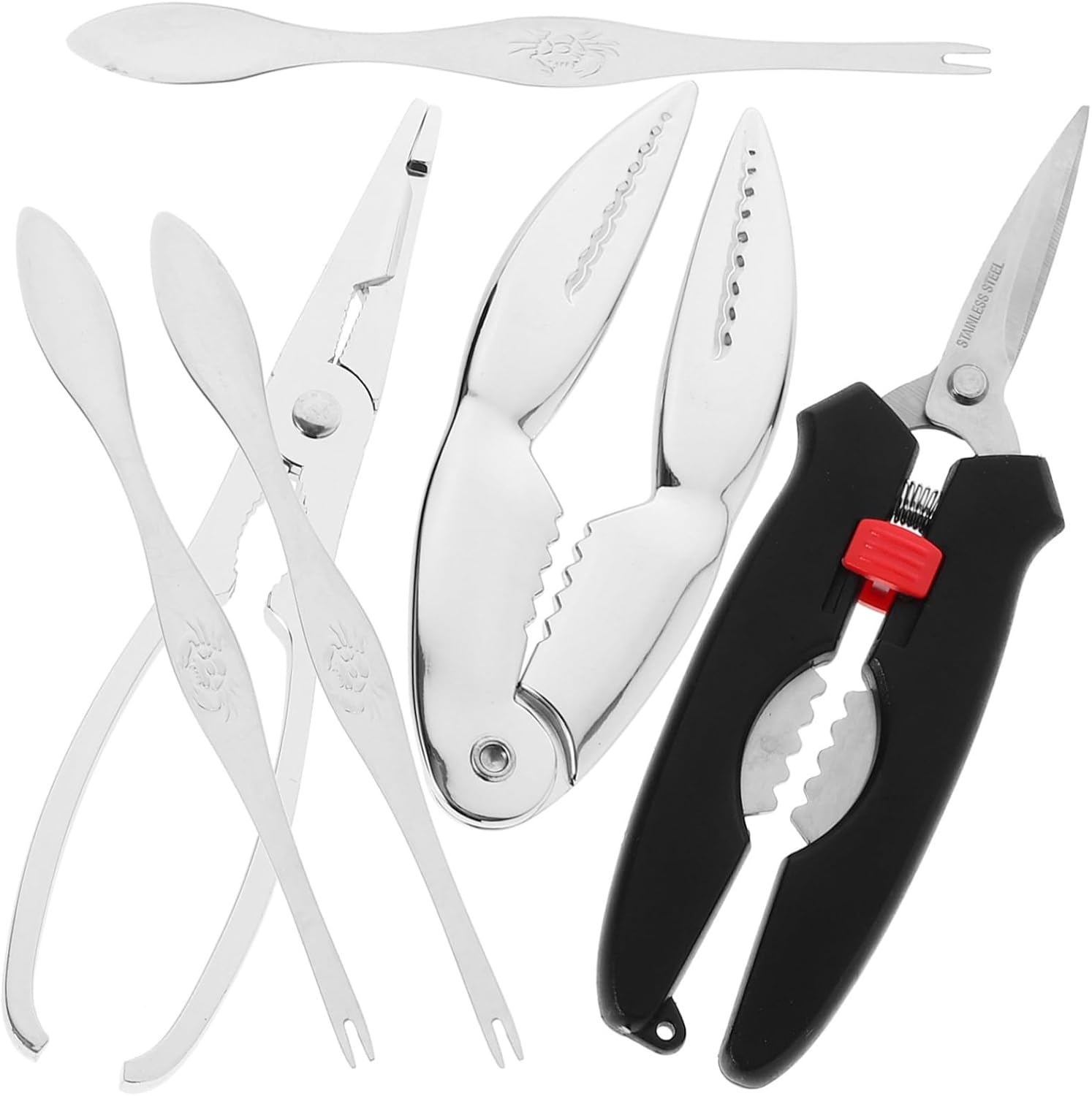 Unomor 6-piece Crab Peeling Tool Kit Crab Fork Clamp Seafood Needle Stainless Steel Easy to Operate Carry