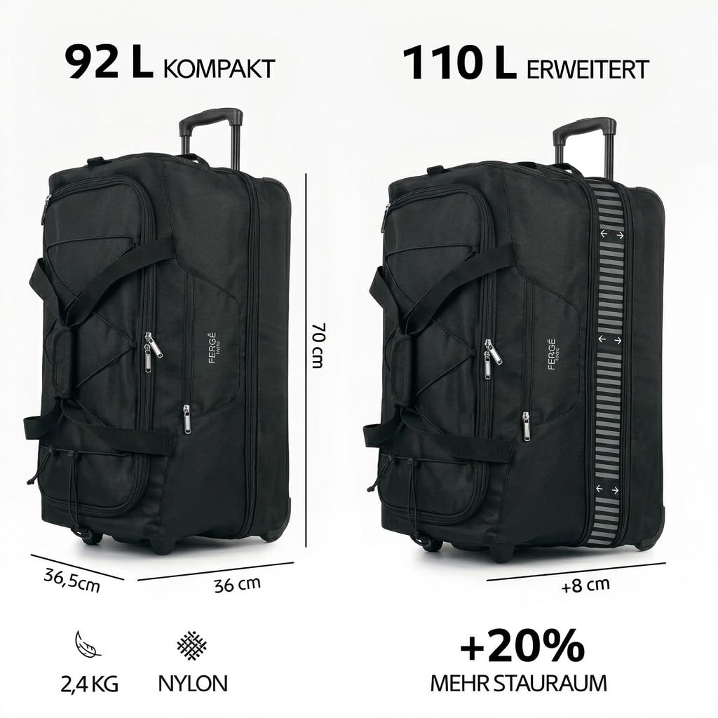 FERGÉ XL große Reisetasche mit Rollen erweiterbar und Schuhfach - Trolley mit Spanngurten Weichgepäck Reisetasche Weekender Paris