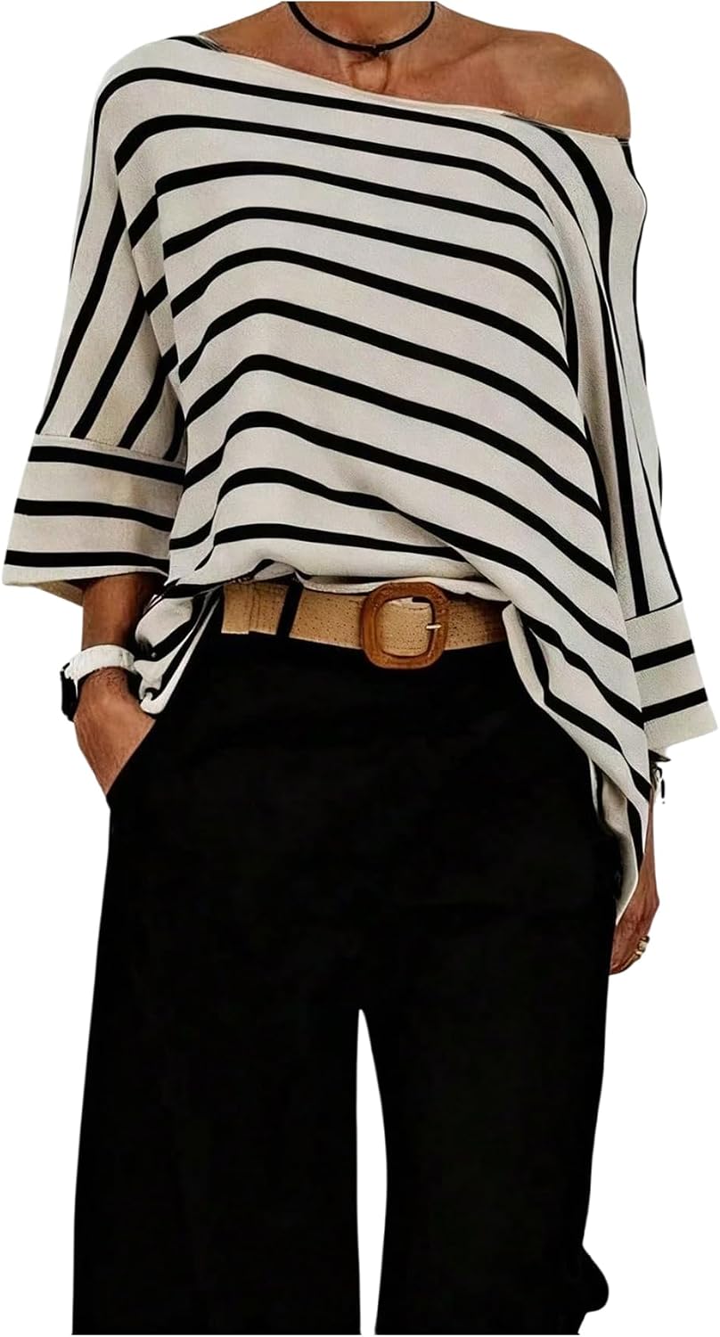 GORGLITTER Women's Striped Off The Shoulder Tops 3/4 Sleeve Asymmetrical Dressy T Shirts Business Casual Outfits