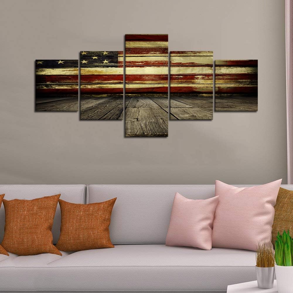 Wall Art Decor Pictures for Living Room Canvas Print Retro Vintage American USA Flag and Wooden Modern Painting 5pcs Framed Posters Bedroom Giclee Print Gallery Wrap Artwork Stretched(50''W x 24''H)