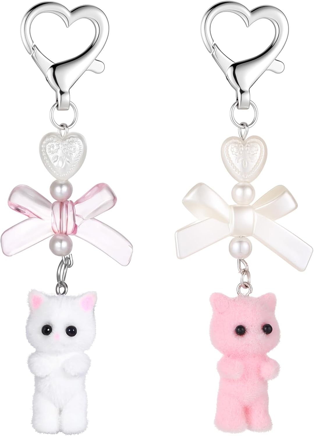 2 PCS Cute Cat Keychain, White and Pink Fuzzy Kitty Keychains Cute Cat Keychain Purse Charms, Aesthetic Y2k Keychains Heart Bow Pendent Cats Decor Gifts Pendent for Women Girls Kawaii Cats Bag Charm
