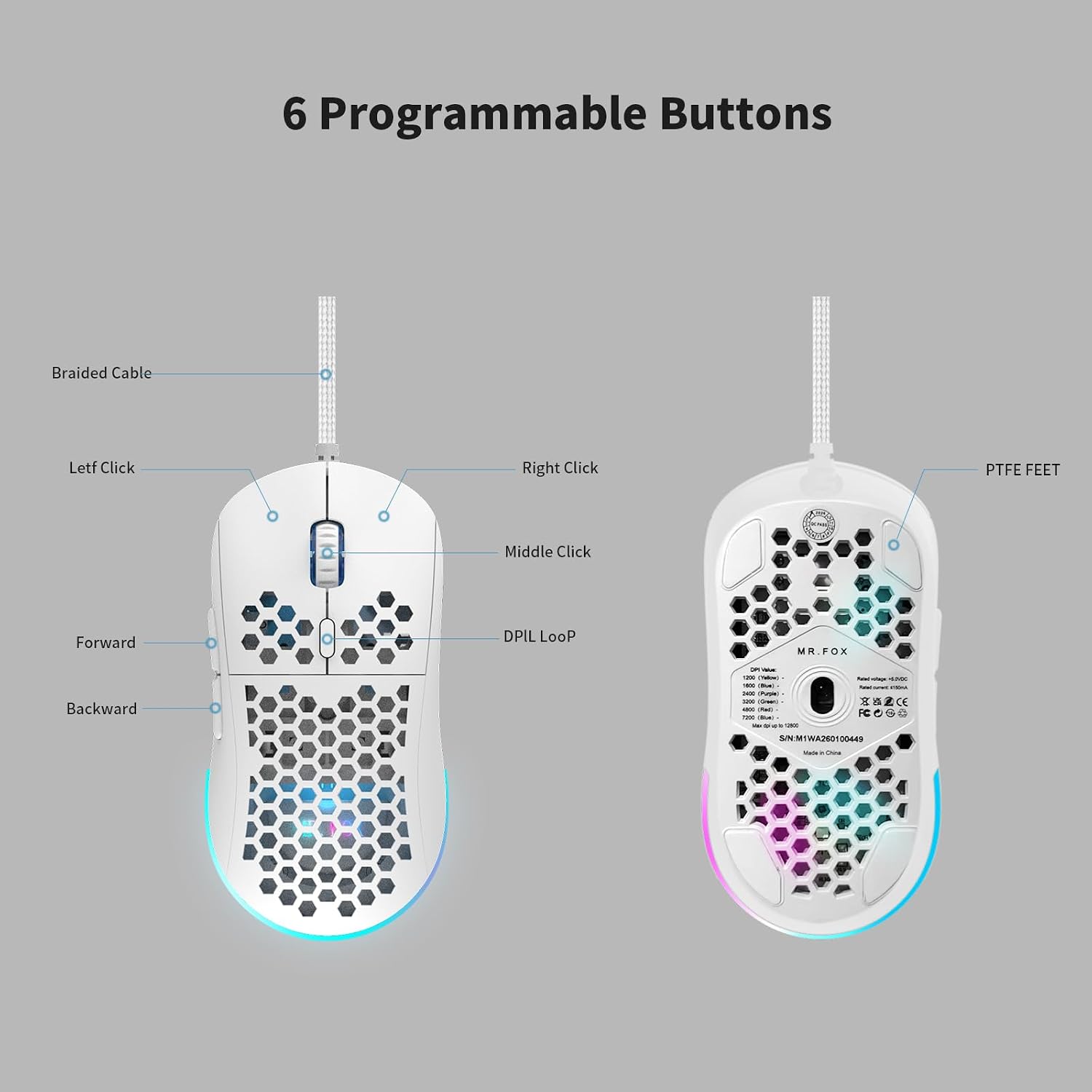 MR.FOX M1 Ultralight Honeycomb Gaming Mouse Wired, 75g Lightweight, 12,800 DPI Optical Sensor, RGB Lighting with Music Sync, 6 Programmable Buttons, Braided Cable, Gaming Mouse for PC/Mac, White