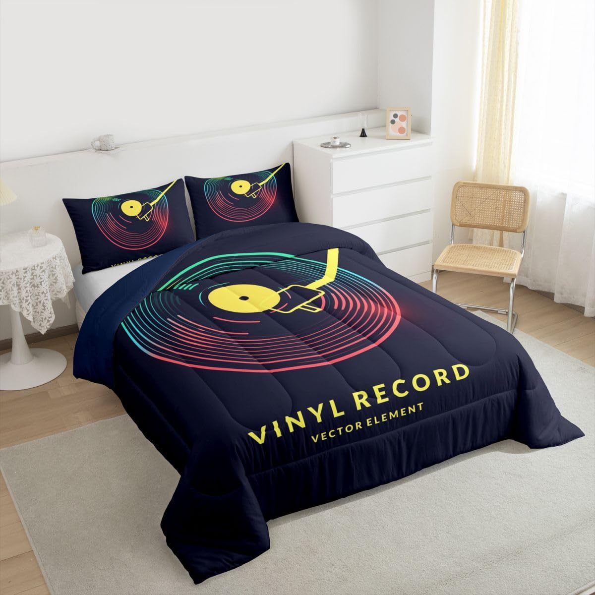 Erosebridal Rock Music Comforter Set, Vinyl Record Duvet Set Queen Size, Hip Hop Hippie Grunge Style Quilt Set, Rainbow Iridescent Quilted Duvet Black Down Alternative Dorm Decorative 3Pcs