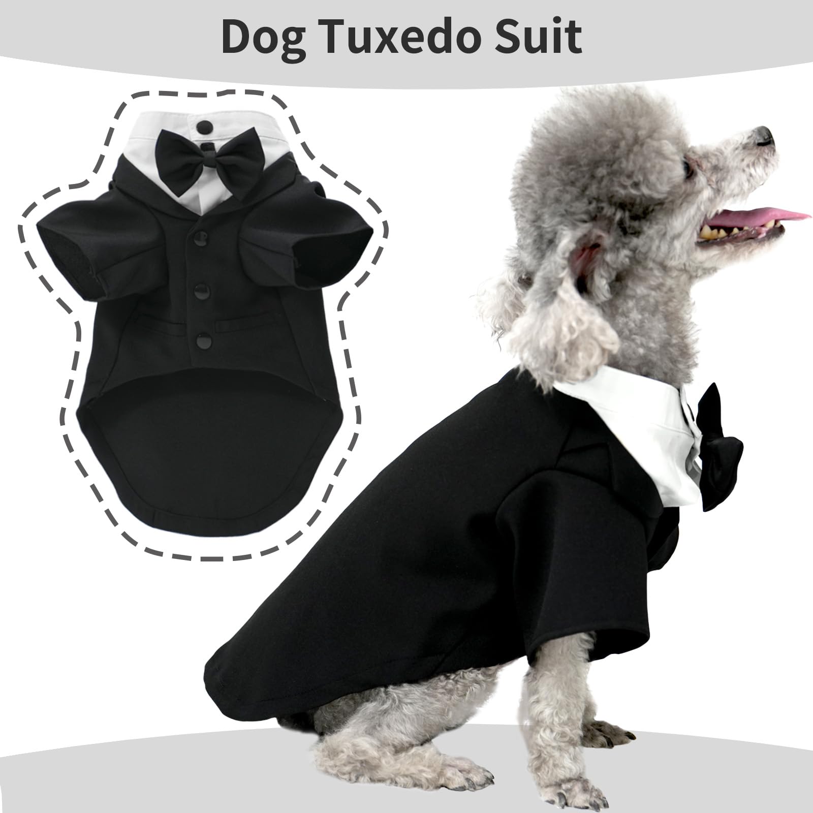 Dog Tuxedo Suit, Formal Pet Shirt Costume Wedding Attire with Black Bow Tie, Pet Outfit Apparel for Small Dogs Cats (Black, Medium) - Image 2