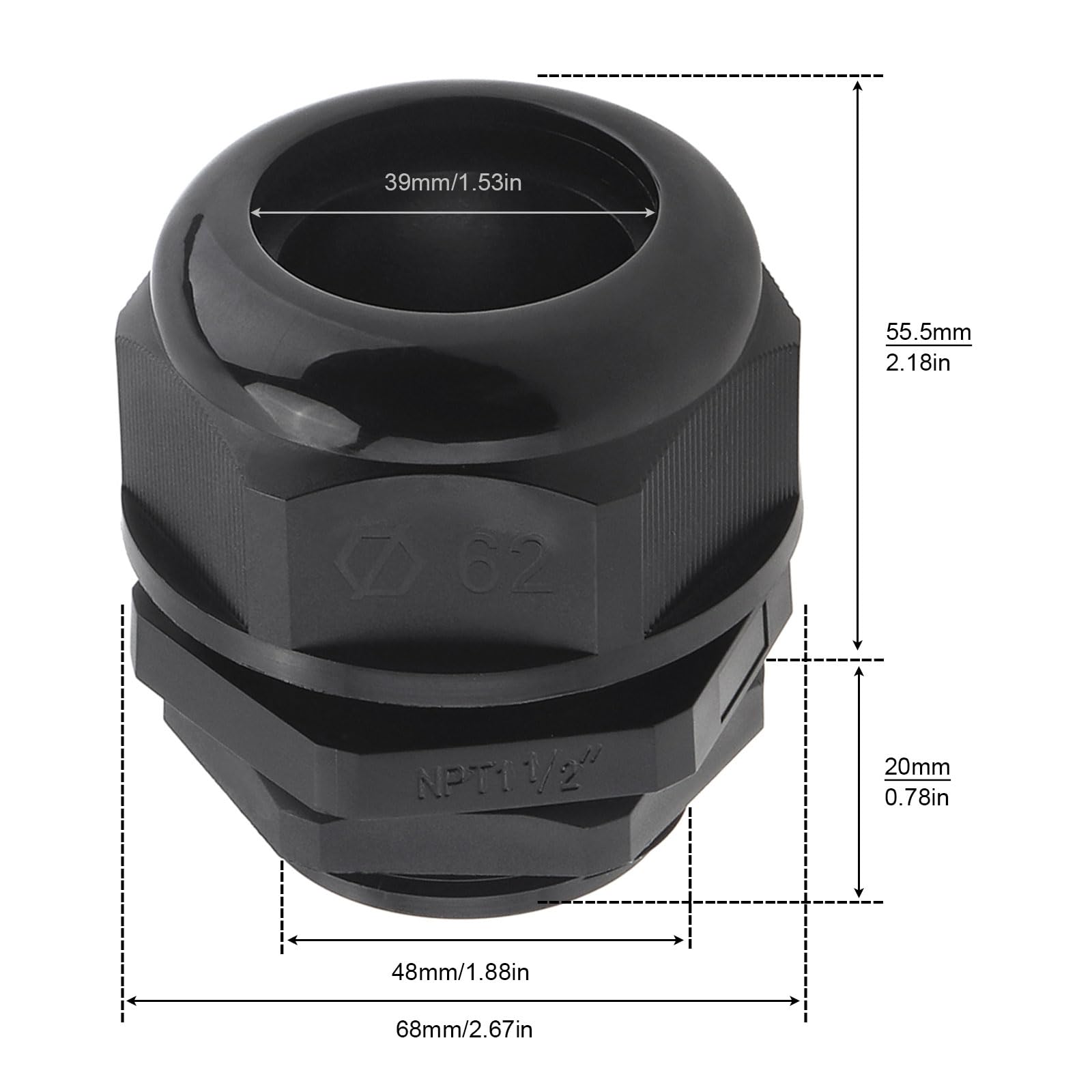 RTNLIT Prensaestopas NPT de 1-1/2 pulgadas, conectores de cable de alivio de tensión de plástico de nailon ajustable impermeable con juntas (paquete de 1)
