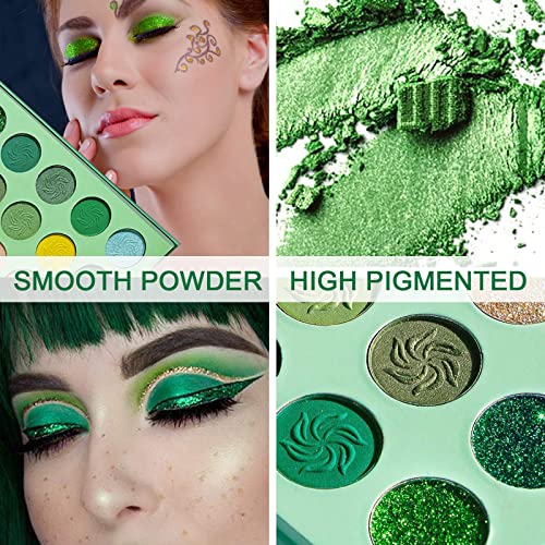 Rechoo Green Eyeshadow 15 Color Forest Emerald Green Nude Yellow Lime Colorful Eye Shadow Matte Glitter Palette Highly Pigmented Ultra-Blendable Satin Smooth Makeup Pallet #TOP1