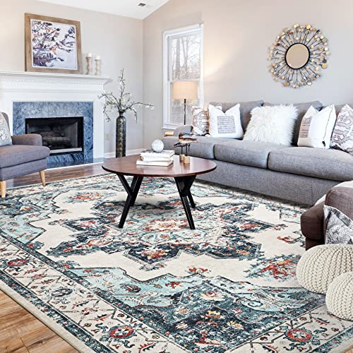 Area Rug Living Room Rugs: 5X7 Washable Large Carpet Boho Oriental Persian Distressed Bohemian Non-Slip Area Rugs For Dining Room Farmhouse Bedroom Office Home Decor Cream/Blue #TOP1