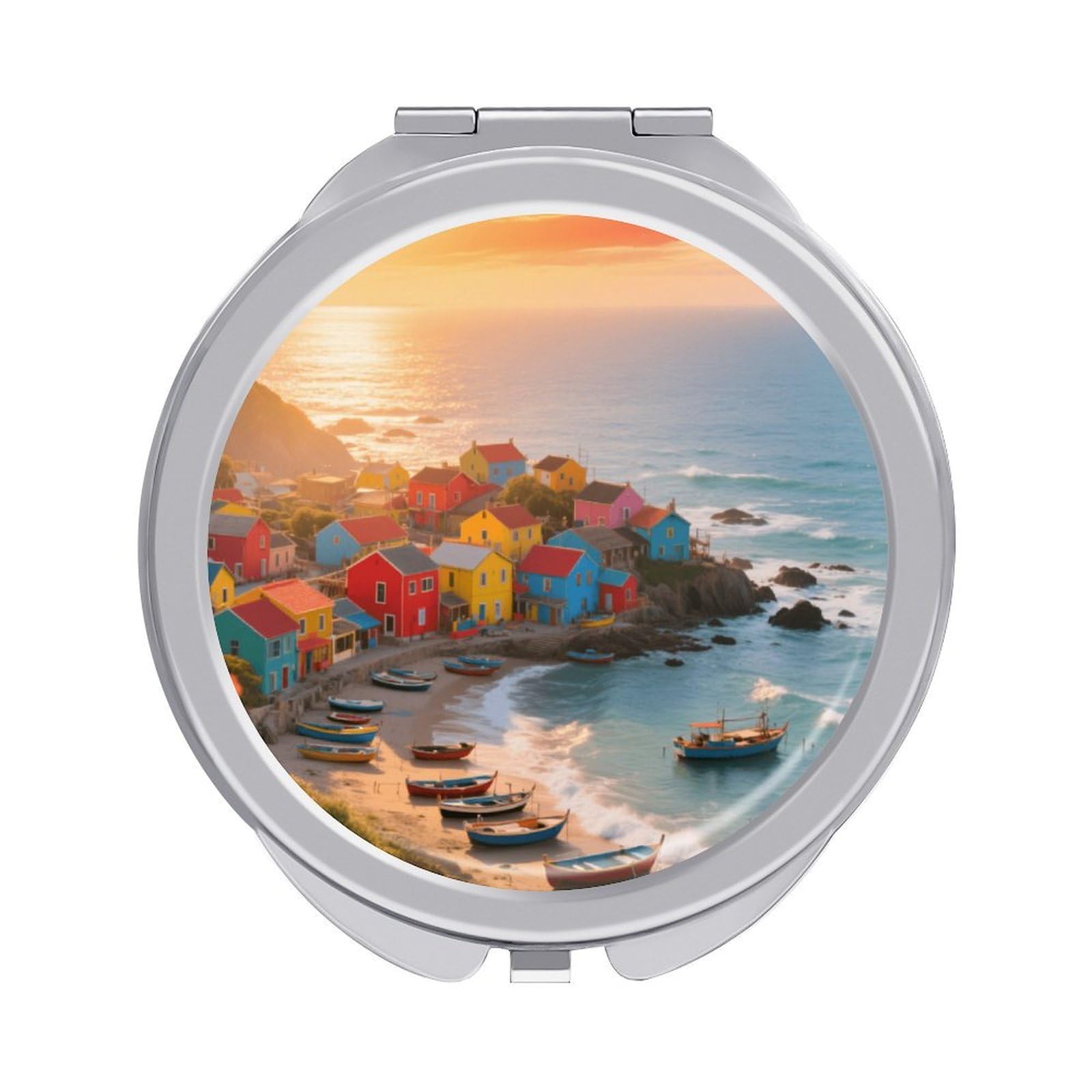 Fekiloot Style Islands Morning Light Fishing Villages Travel Makeup Mirror Handheld Compact Mirror Portable Pocket Mirror Double-Sided 1X/2X Magnifying For Handbag And Purses