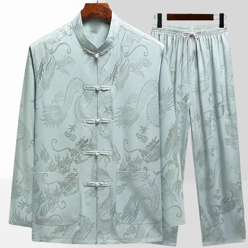 Men's Spring/Summer Tang Suit Ice Silk Long Sleeve Vintage Style Hanfu Morning Exercise Set3