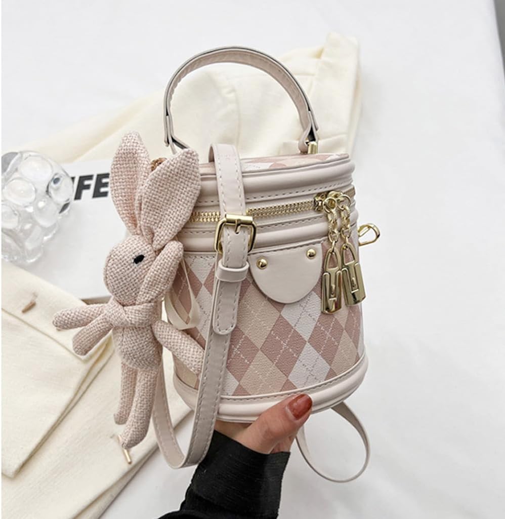Women's Rhomboid Pattern Cylinderial Bucket Bag Crossbody Shoulder Bag Cylinder Purse Satchel Handbag with Bunny Doll