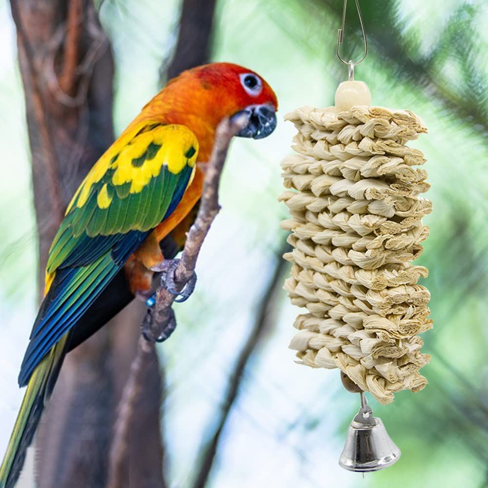 ArinkO Juguete para Masticar con Forma de Casco de maíz Natural, de Madera, para pájaros, Loros, Columpio, Escalada y mordida con Campana, Juguete para Colgar en Jaula