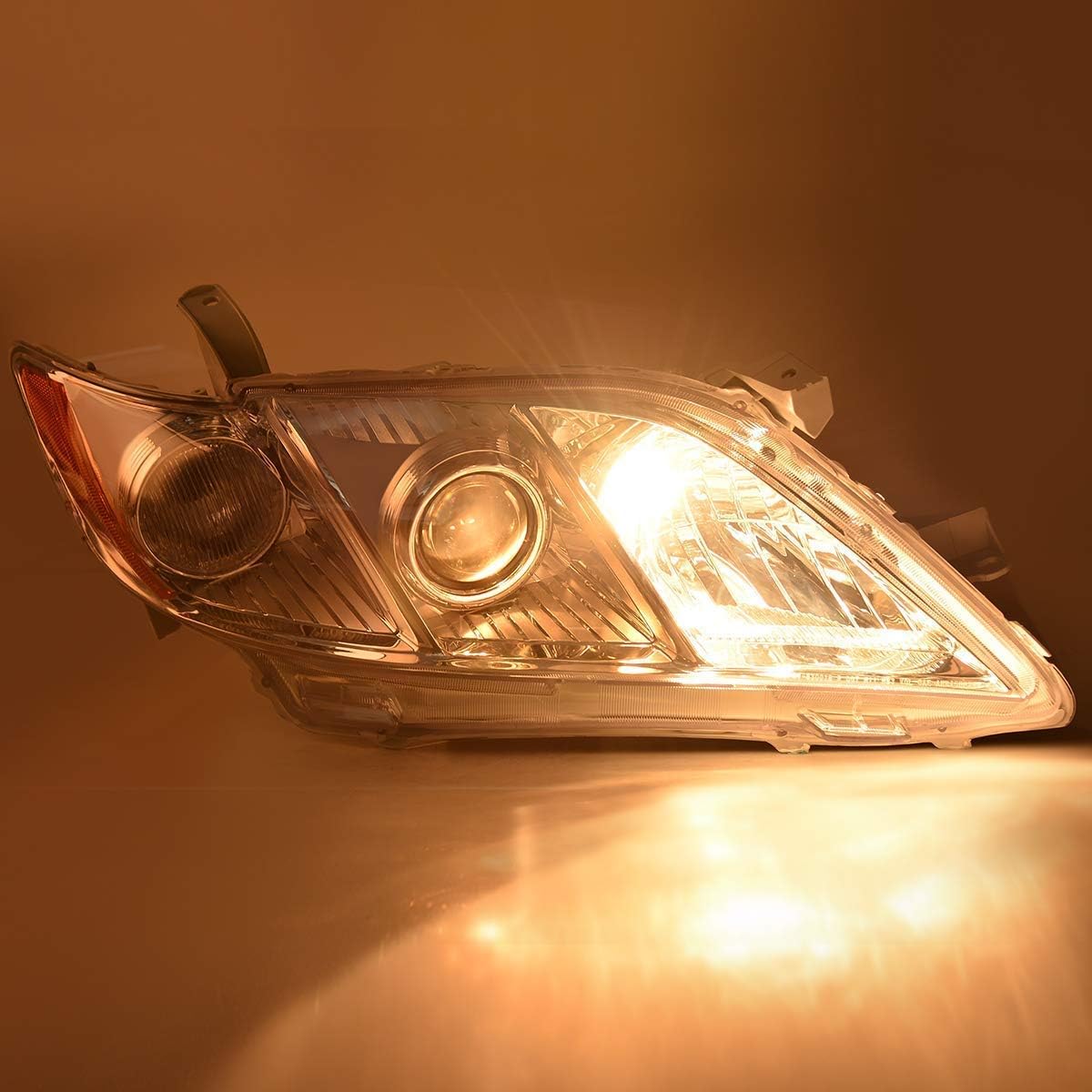 DWVO Projector Headlight Assembly Compatible with 2007 2008 2009 Camry Exclude Hybrid Chrome Housing Halogen Headlamp with Amber Reflector Clear Lens (Driver and Passenger Side)