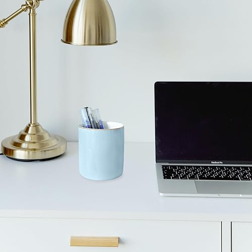 Miniatura 5 de HANKOR Soporte de cerámica para bolígrafo de escritorio, lindo organizador para oficina, escuela, cepillo de maquillaje (azul claro)