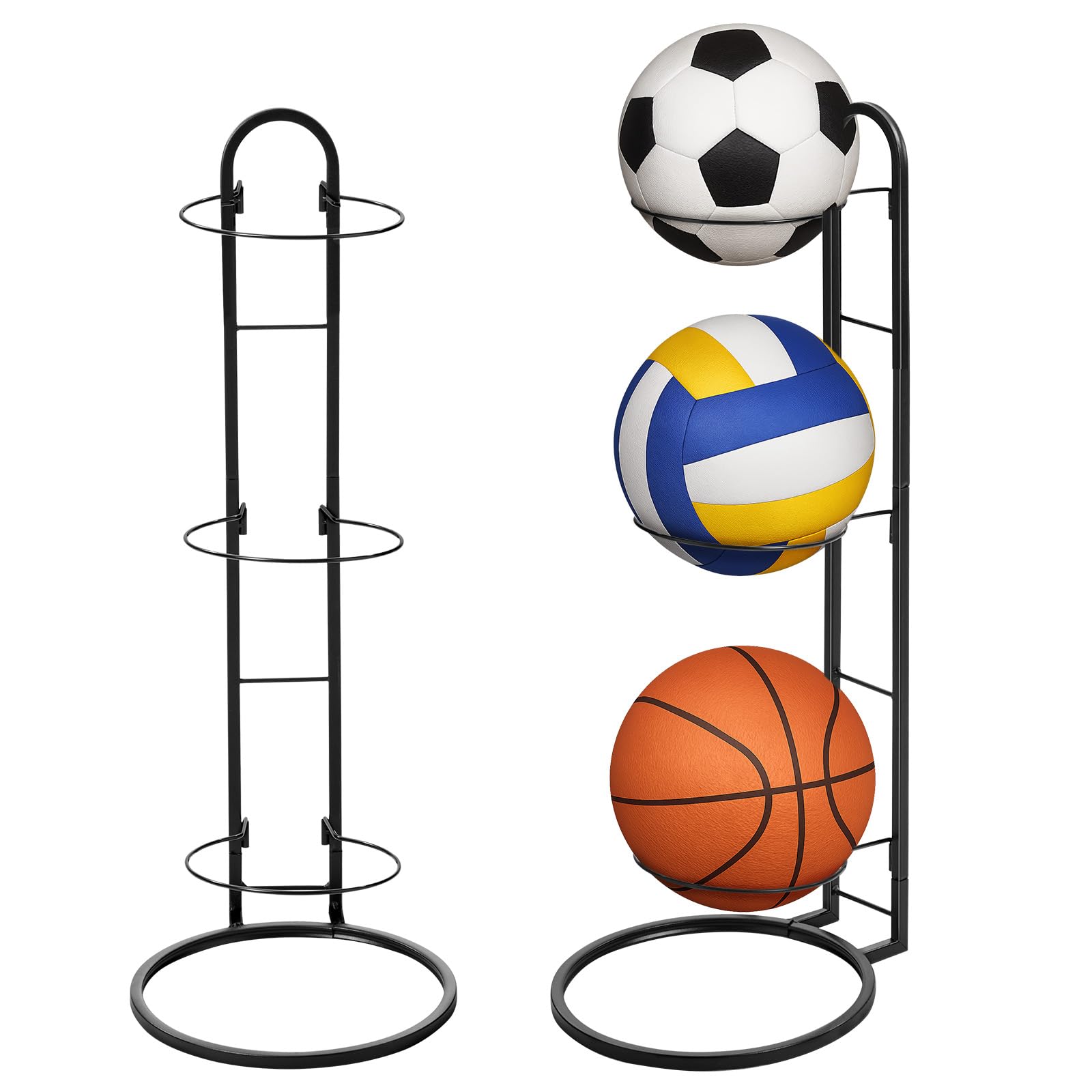 Ball Storage Rack Metal Vertical Sports Equipment Organizer Stand Sports Football Stand for Football Basketball Volleyball (Black 3 Tier)