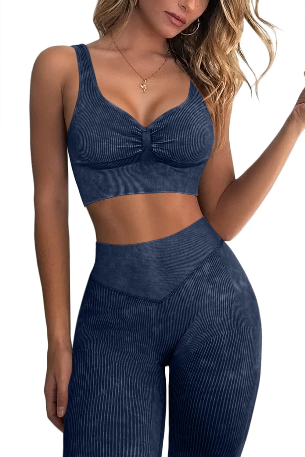 Mulisky Women’s 2 Piece Workout Sets for Women Ribbed Seamless High Waist Running Leggings Matching Gym Yoga Outfits