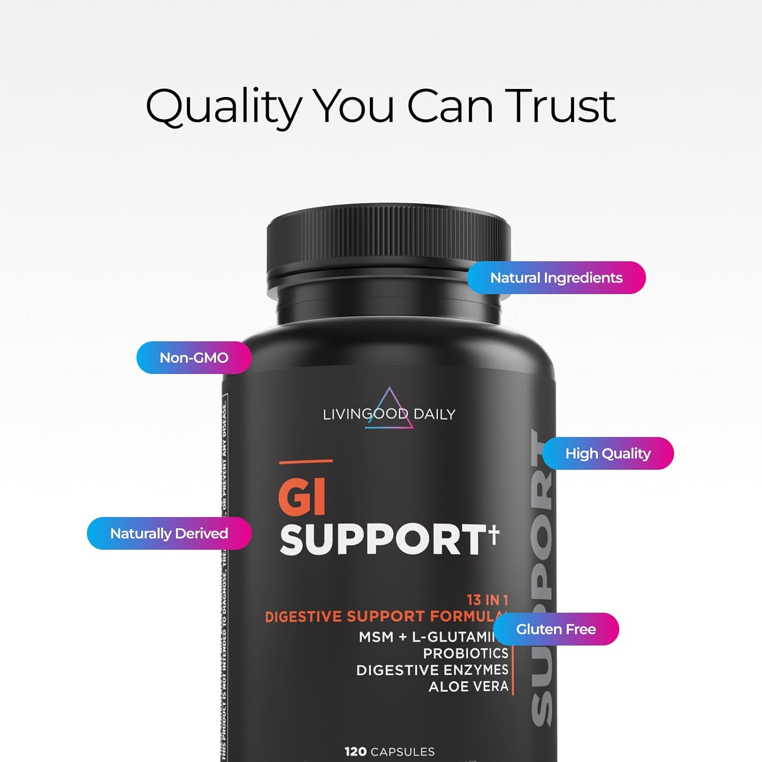 Livingood Daily Gut Cleanse Detox Supplement, 13-in-1 GI Support with L Glutamine, Aloe Vera, Digestive Enzymes, Probiotics & MSM, Vegetarian Capsules, Gluten Free, Non GMO, Allergen Free, 120 Count - Image 5