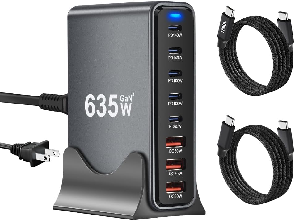635W GaN Super Fast Charging Station for Multiple Devices,8 Port USB C Charger Stations for iPhone,iPad,MacBook,Tablet,Android Cell Phone,Type C 200W Desktop Multi-Device Charging Hub Block