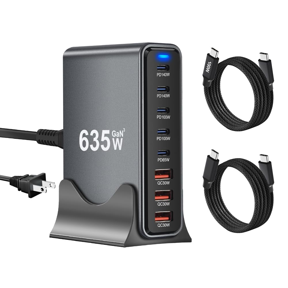 SquareWiz 635W GaN Super Fast Charging Station for Multiple Devices,8 Port USB C Charger Stations for iPhone,iPad,MacBook,Tablet,Android Cell Phone,