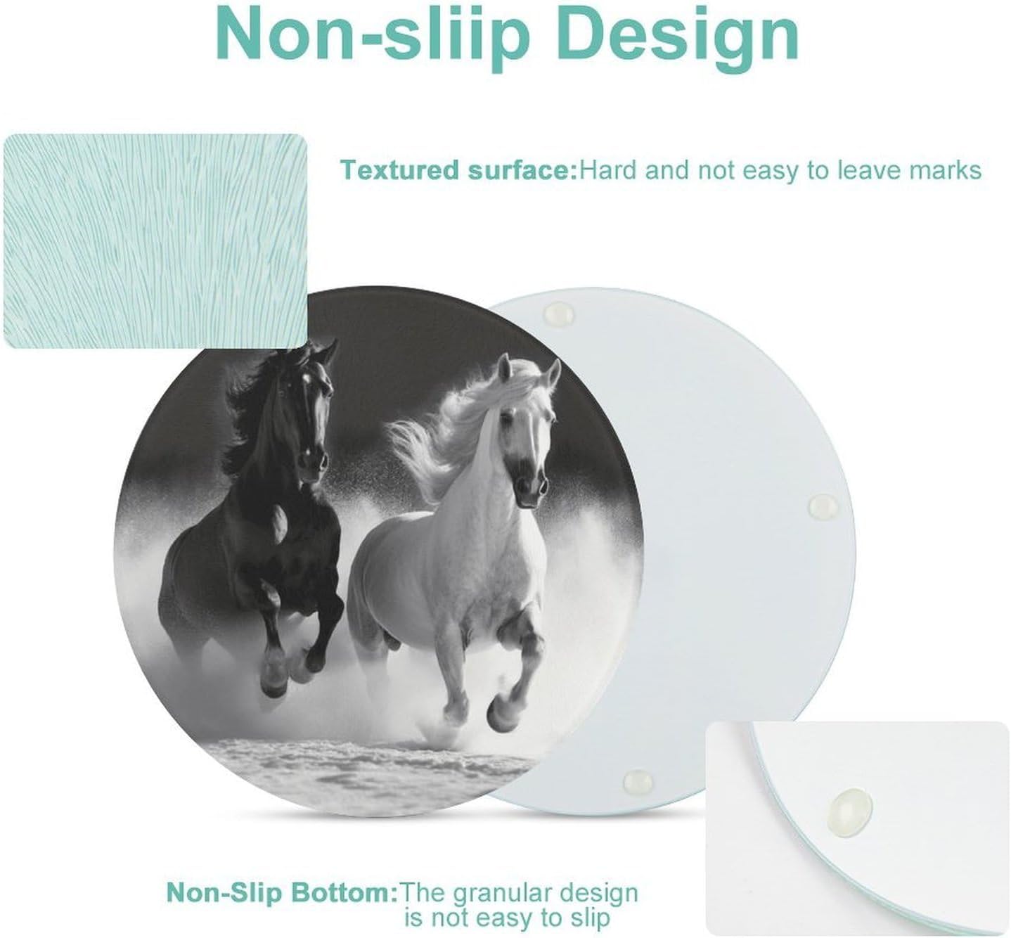 Black And White Horses Running Chopping Block Tempered Glass Cutting Board Mats Round Countertop Cutting Boards Small Charcuterie Boards Bar Cheese Board Snack Tray