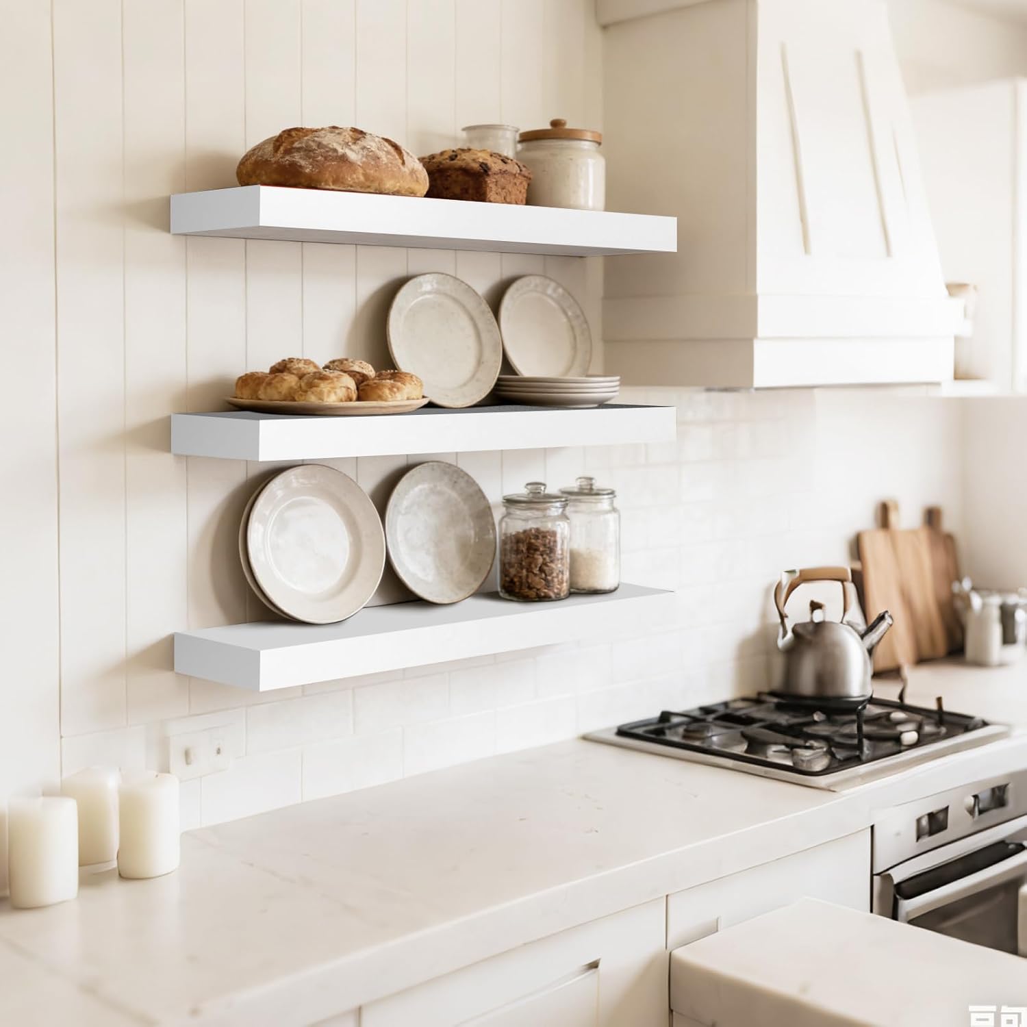 Floating Wall Shelf 16x6.8x1.7 Inch – Solid Wood Shelf in White Finish – Wall Mounted Rustic Display Organizer for Bathroom, Kitchen, Bedroom, Small Spaces – Set of 3