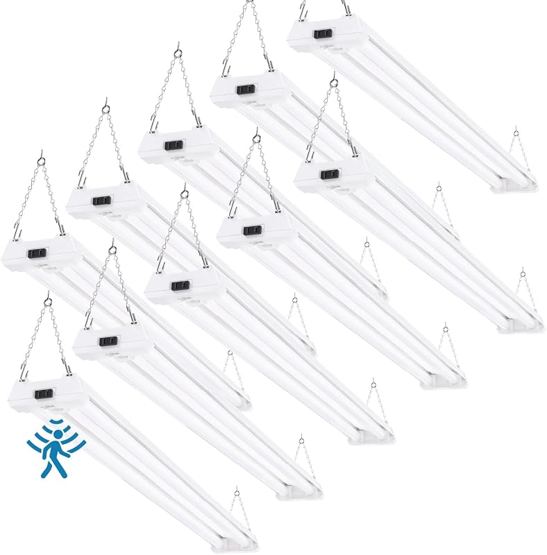 Sunco Motion Sensor 4ft LED Shop Light, Garage Lights Ceiling LED Plug-in Fixtures, 40W, 5000K Daylight, 4300 Lumens, Frosted, Motion Activated, Linkable Suspension Mount, ETL 10 Pack