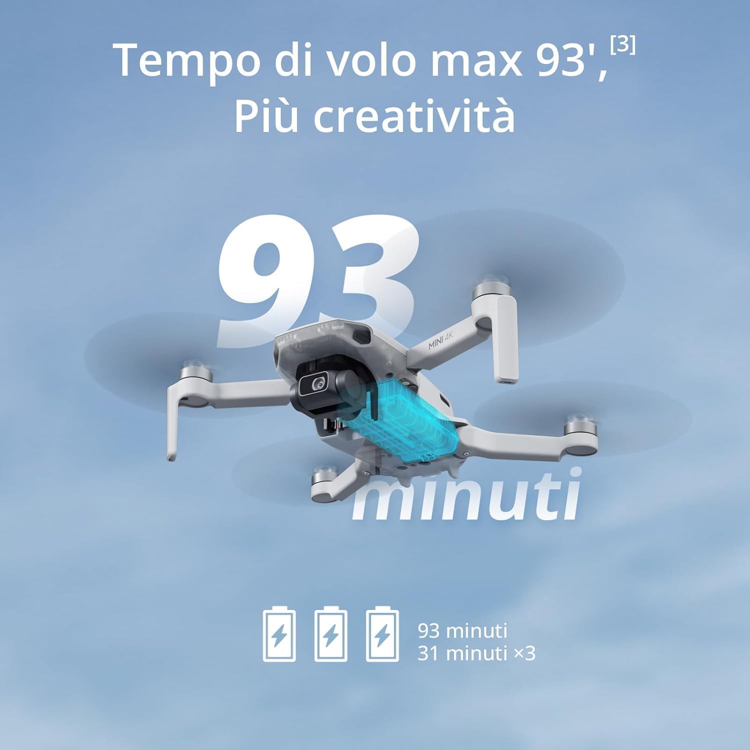 DJI Mini 4K, drone per adulti, fotocamera 4K HD, < 249 g, stabilizzatore 3 assi, trasmissione video 10 km, return automatico, resistenza al vento, 1 batteria per tempo di volo 31', volo intelligente