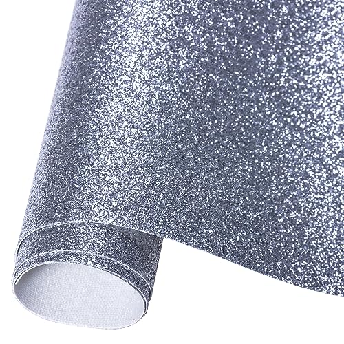 Caxilee Faux Leather Sheets for Craft One Roll Sparkle Glitter Surface Solid Leather Fabric Sheets 12"x 53” (30cm x 135cm) Inch Large Size for Leather Earrings Bows Wallets DIY Projects (Pale-silver)