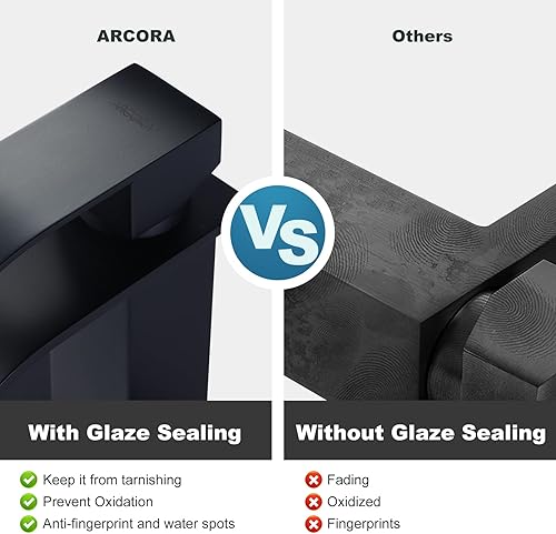 Miniatura 4 de ARCORA Grifo de baño en cascada negro mate para lavabo de baño, grifo mezclador de una sola manija, grifo de tocador con placa de cubierta y drenaje