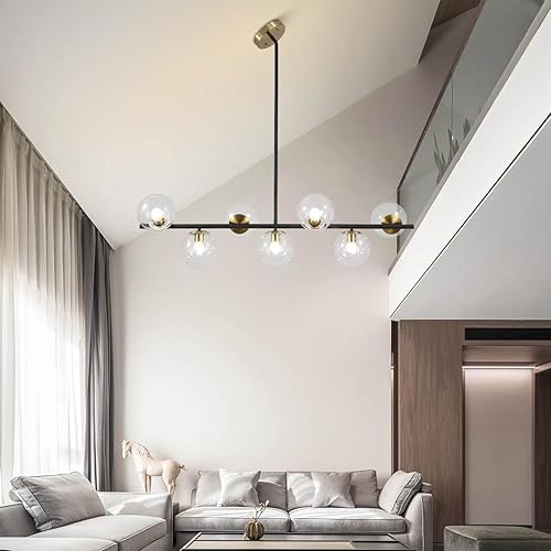 Miniatura 8 de KCO Lámpara de araña de iluminación negra y latón, 7 luces de vidrio transparente, lámpara moderna de globo grande Sputnik, candelabros de casa de