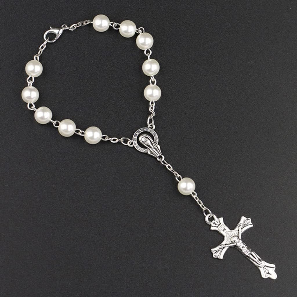 2PCS Catholic Prayer Pearl Beads Rosary First Holy Communions Gift Auto Car Rear View Amulet Charm Crucifix Be Rosary for Women Silver Men Gold Catholic Bulk Girls Kit Bulk