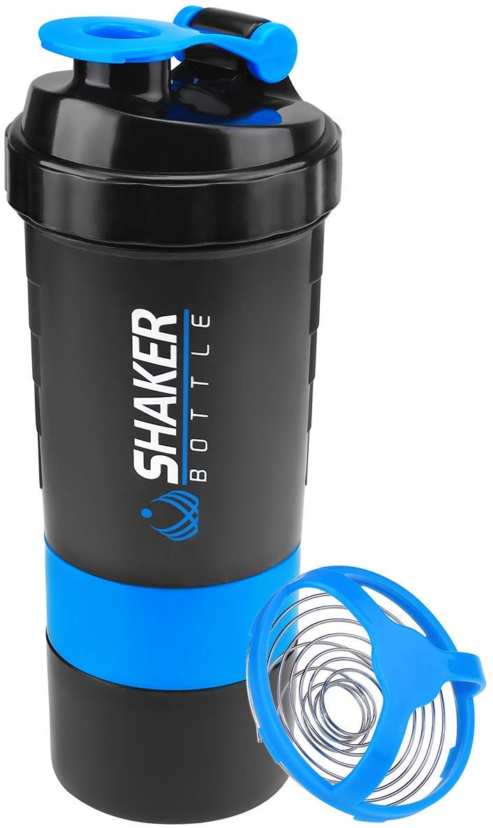 Protein Shaker Bottle, 16oz Shake Bottle with 3 compartments Storage for Powder, Leak Proof Sport Mixer Bottle, Bap-free and Durable, Measurement, Mixing Grids, Classic Shake Cup for Post Pre Workou