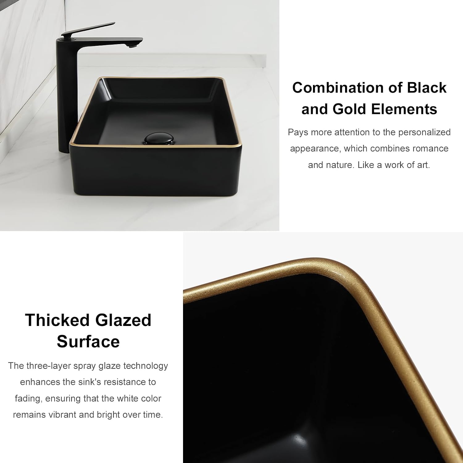 Davivy 23.6'' X 13.4'' Large Matte Black Vessel Sink with Pop Up Drain,Black Bathroom Vessel Sinks with Gold Trim, Rectangle Bathroom Sinks Above Counter,Ceramic Vessel Sinks for Bathrooms (Large)