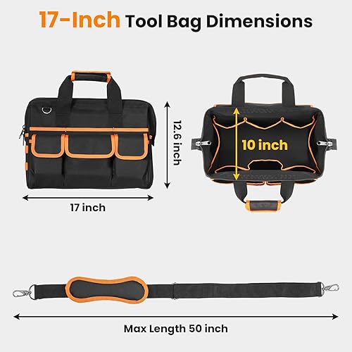 Miniatura 3 de Bolsa de herramientas resistente, bolsas de herramientas de 17 pulgadas para hombres con múltiples bolsillos, bolsa organizadora de herramientas