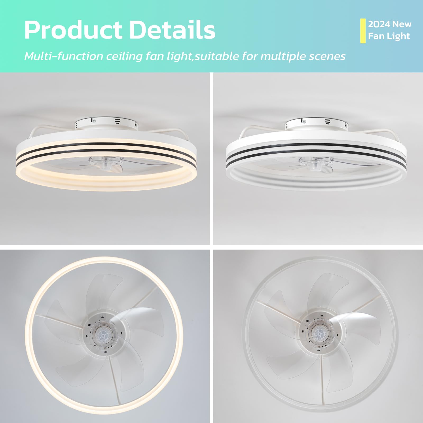 Ventilatore da soffitto moderno Smart da 48,3 cm, con luci e telecomando, dimmerabile LED 5 pale reversibili, ideale per piccole stanze, camera da letto, cucina, colore bianco, tecnologia Fandelier
