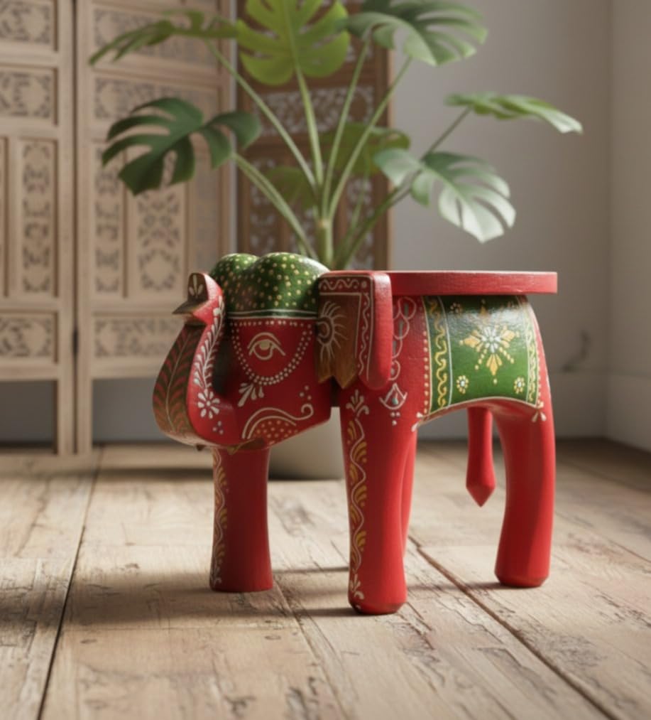 Handcrafted Solid Wooden Elephant Stool with Traditional Hand-Painted Decorative Finish for Seating, Plant Stand, and Home Décor-image-42
