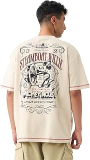 The Souled Store Mickey Mouse: Steamboat Men and Boys Short Sleeves Round Neck Beige Graphic Printed Cotton Oversized T-Sh... Price In India