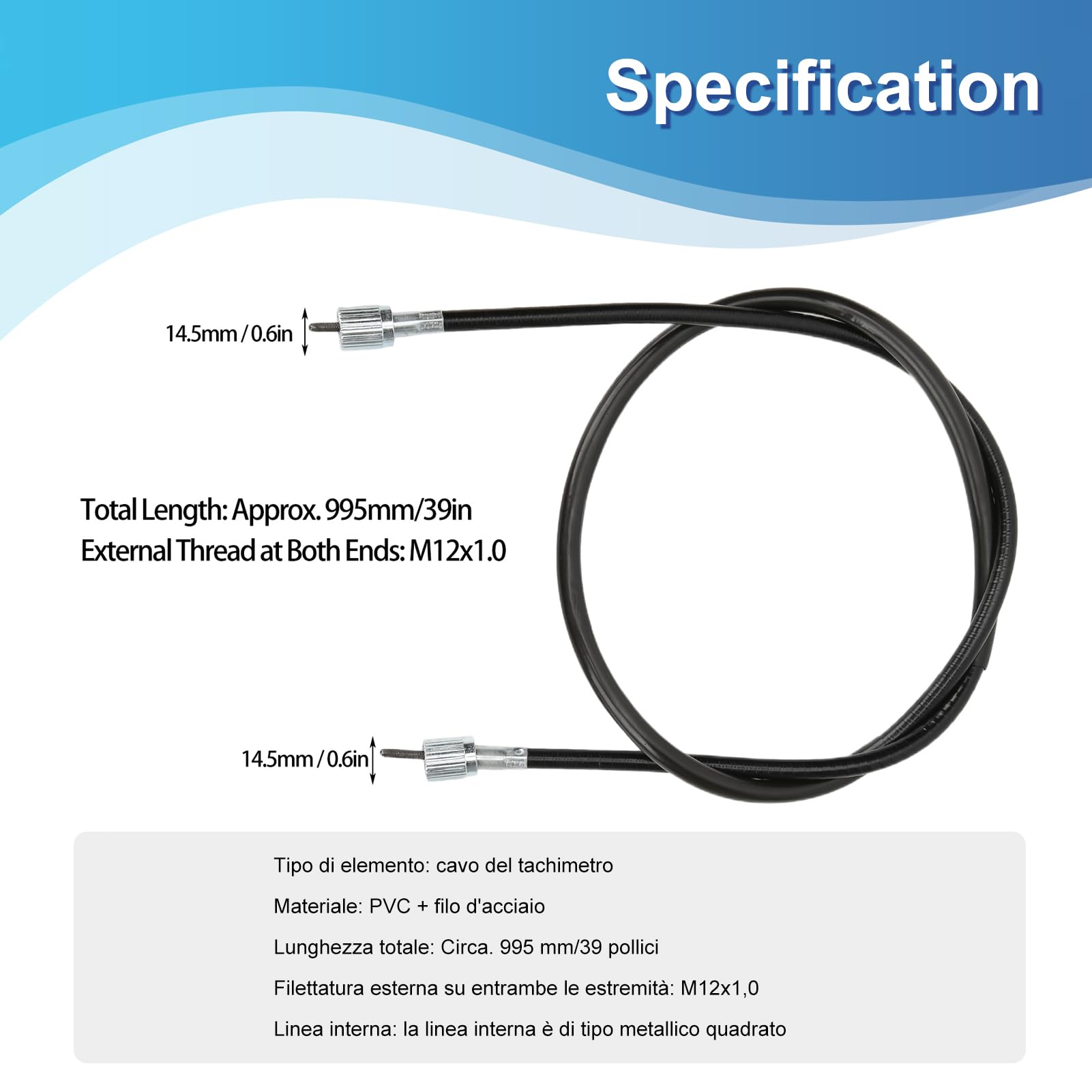Kabel Prędkościomierza ATV, Skuter 39-calowy Kabel Prędkościomierza M12x1.0 PVC + Drut Stalowy Kabel Prędkościomierza do Chińskich Skuterów 49 Cm3-300 Cm3 Motorowery ATV Gokarty