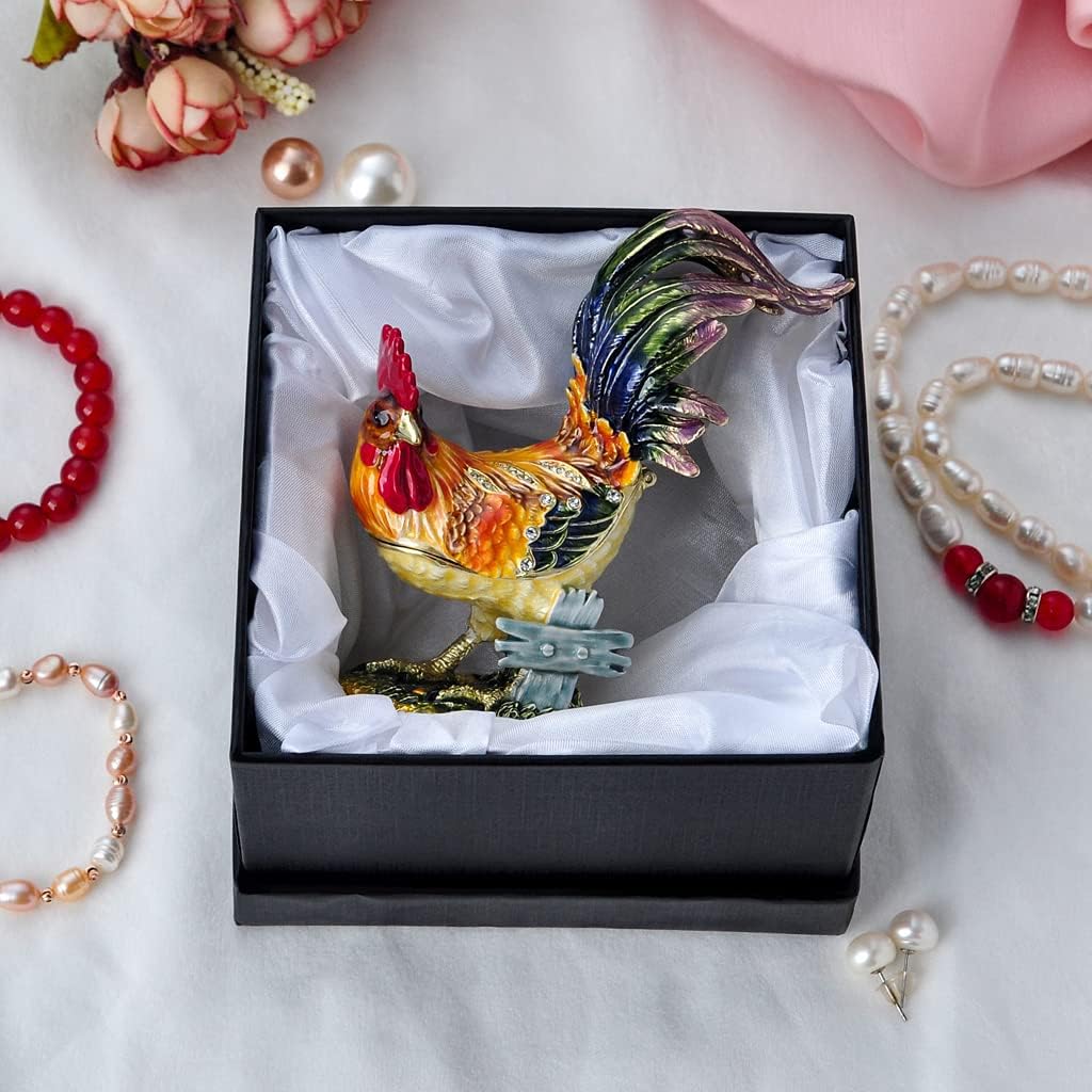 Chicken Trinket Box with Golden Crystal Enamel Design, Elegant Home Decor & Unique Gift for Animal Lovers, Farmhouse Style, or Seasonal Décor