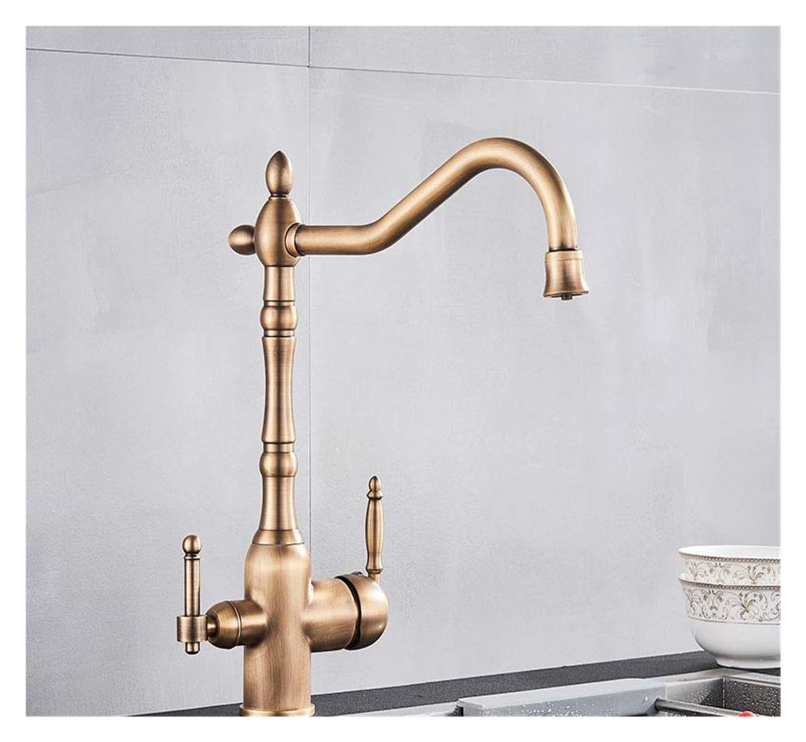 MXXQRHF Kitchen Faucets, Brass 360 Swivel Kitchen Double Handle Dual Water Mode hot and Cold Mixer Faucet (Antique Brass)