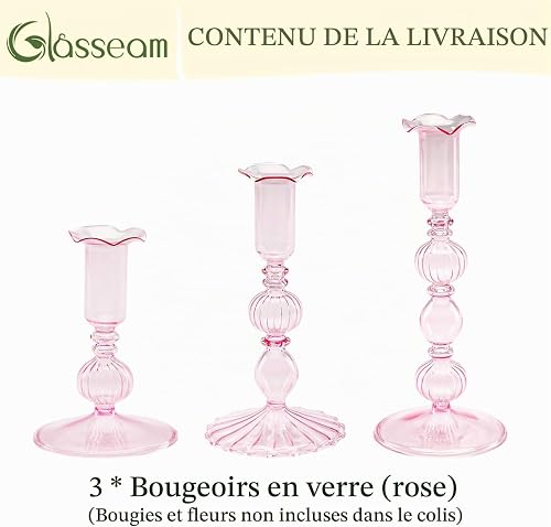 Glasseam Porte-Bougies en Verre Rose : Set De 3 Porte-Bougies Bougeoirs Modernes pour DéCoration De Salon, Table De FêTe, CheminéE - 7