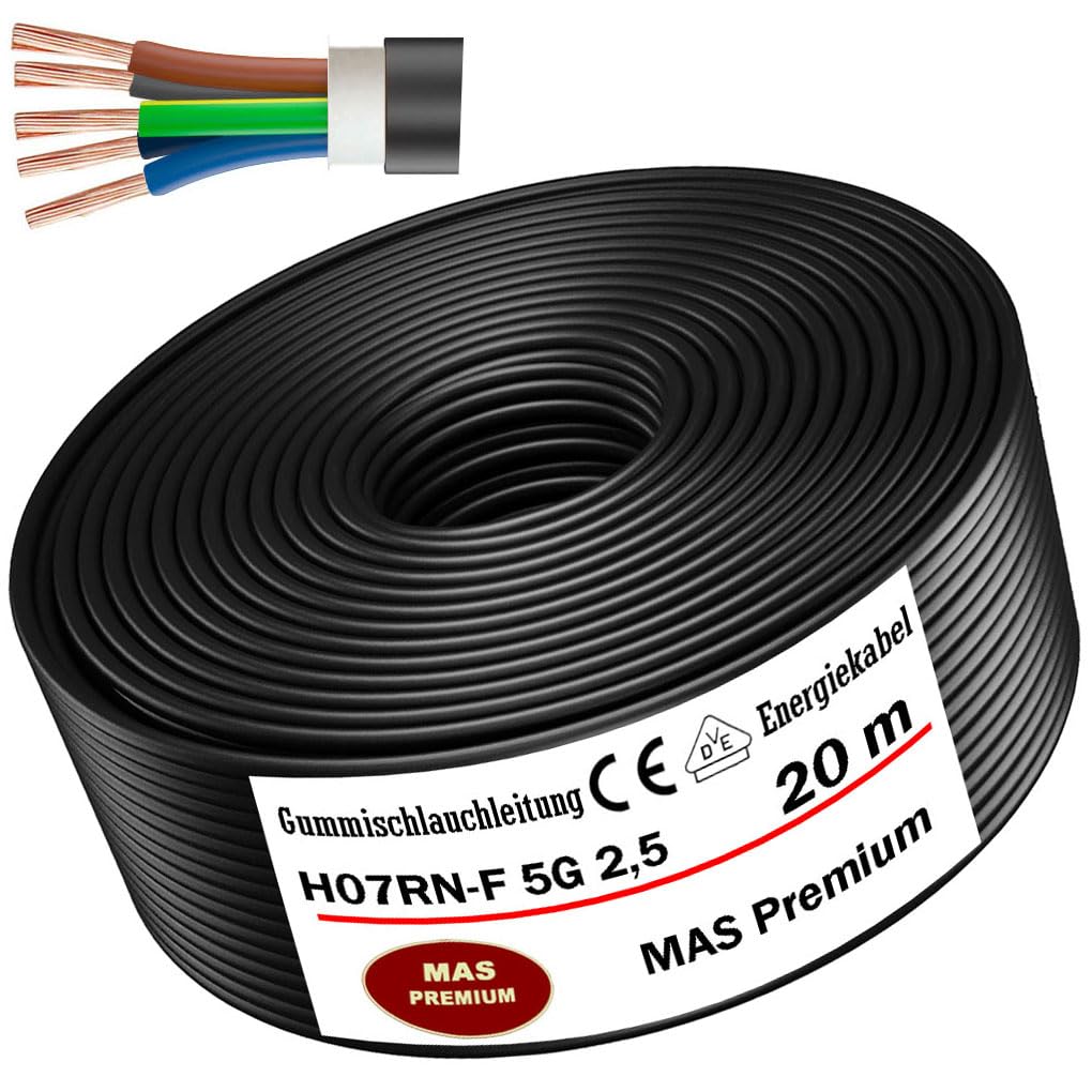Cavo in gomma da 5 a 90 m, cavo di alimentazione per cantiere H07RN-F 5G2,5 mm², cavo flessibile con conduttore di protezione per dispositivi pesanti (20 m)