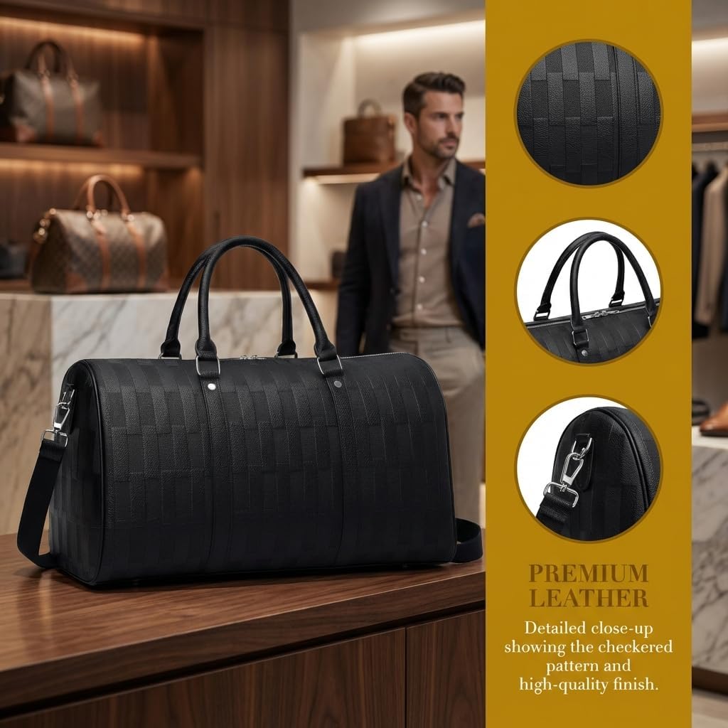 Luxury Black Woven Leather Weekender Duffel Bag – Men Women Travel Carry-On, Large Overnight Bag with Handles & Adjustable Shoulder Strap. - Image 8