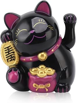 Lucky Cat Waving Arm, 5.5in Solar Powered Fortune Cat Statue Decorations, Hand Waving Welcoming Cat Maneki Neko as Good Luck Decor or Home, Office Front Desk, Car