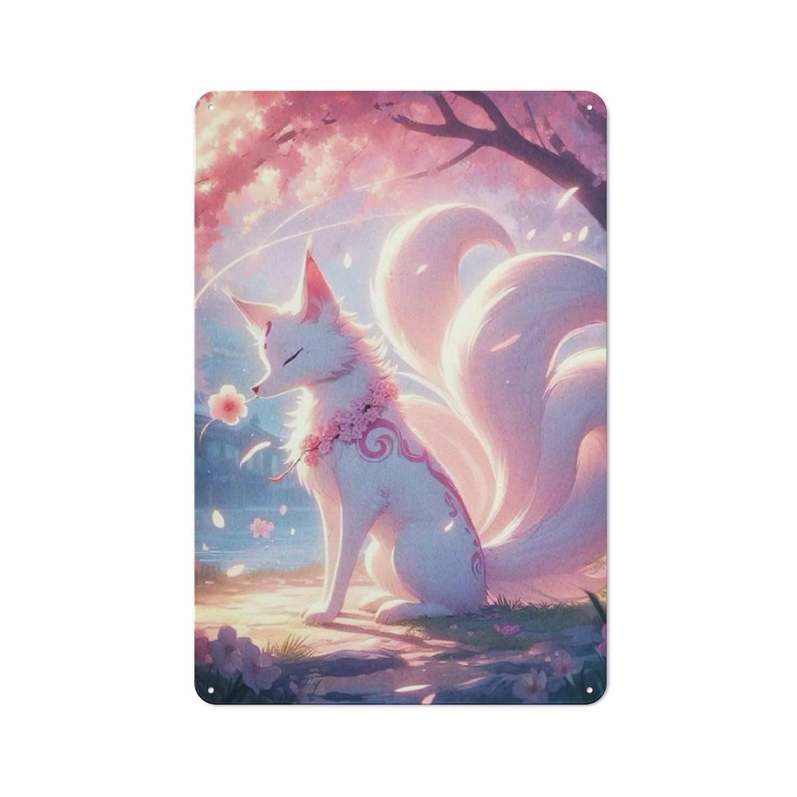 Junmoney Style-9 Nine-Tailed Fox Cherry Blossom Tin Sign 30X20cm, Creative Studio Wall Plaque For Hobby Room, Office, Lounge Or Living Room