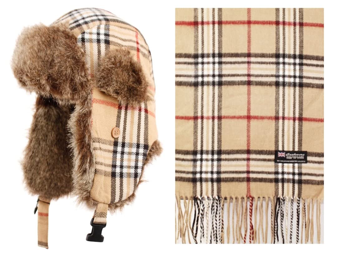 Super Soft Cashmere Feel Classic Plaid Trapper & Scarf set OR Cadet hat & Scarf set - Beige