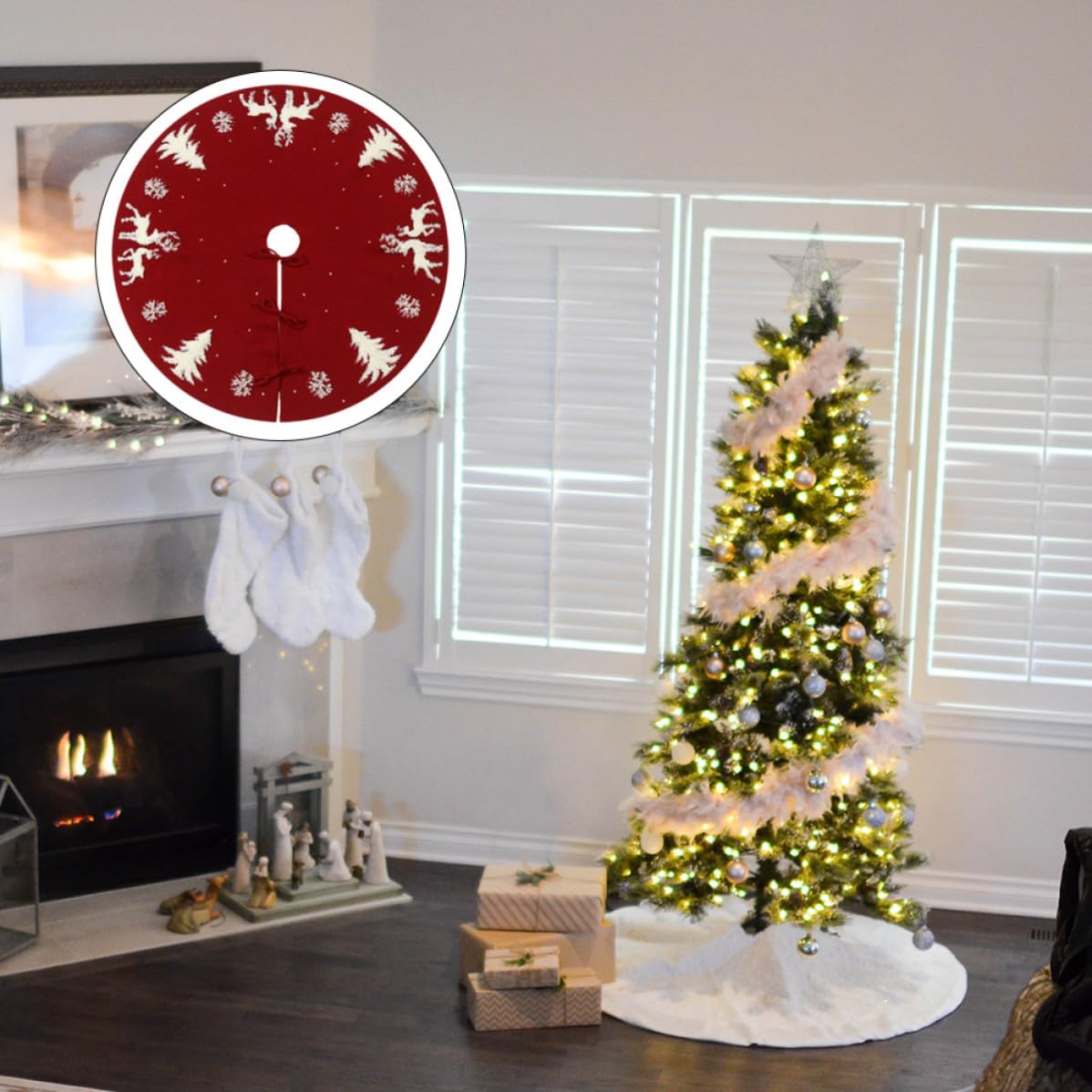 VICASKY Jupe de Sapin de Noël Tricotée en Fibres Acryliques Rouge Motif 3D Renne pour Décoration Festive et Couverture de Base d'arbre à Placer Sapin