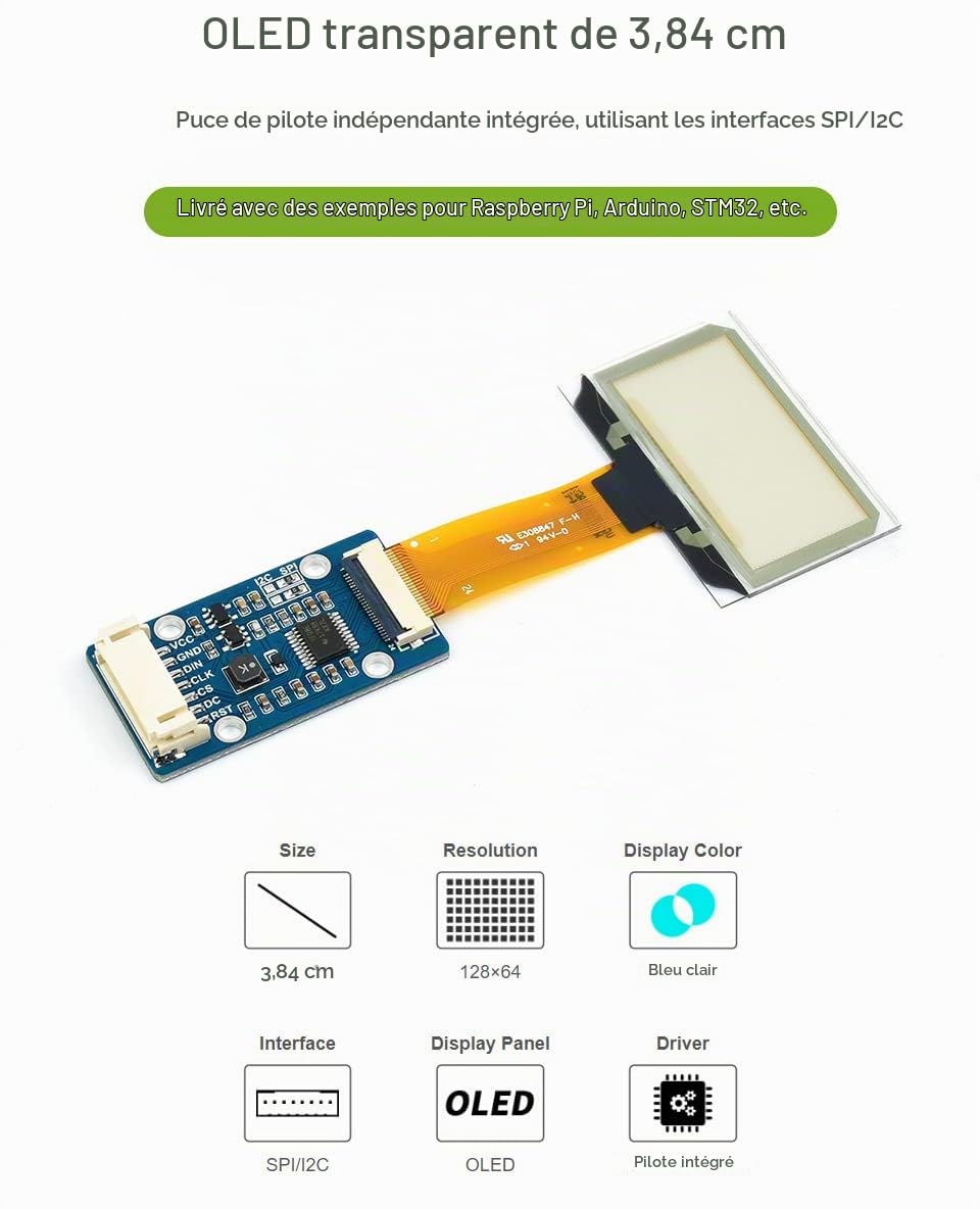 Waveshare 1.51inch Transparent OLED 128x64 Resolution Light Blue Color Display Compatible with Raspberry Pi SPI/I2C Interfaces