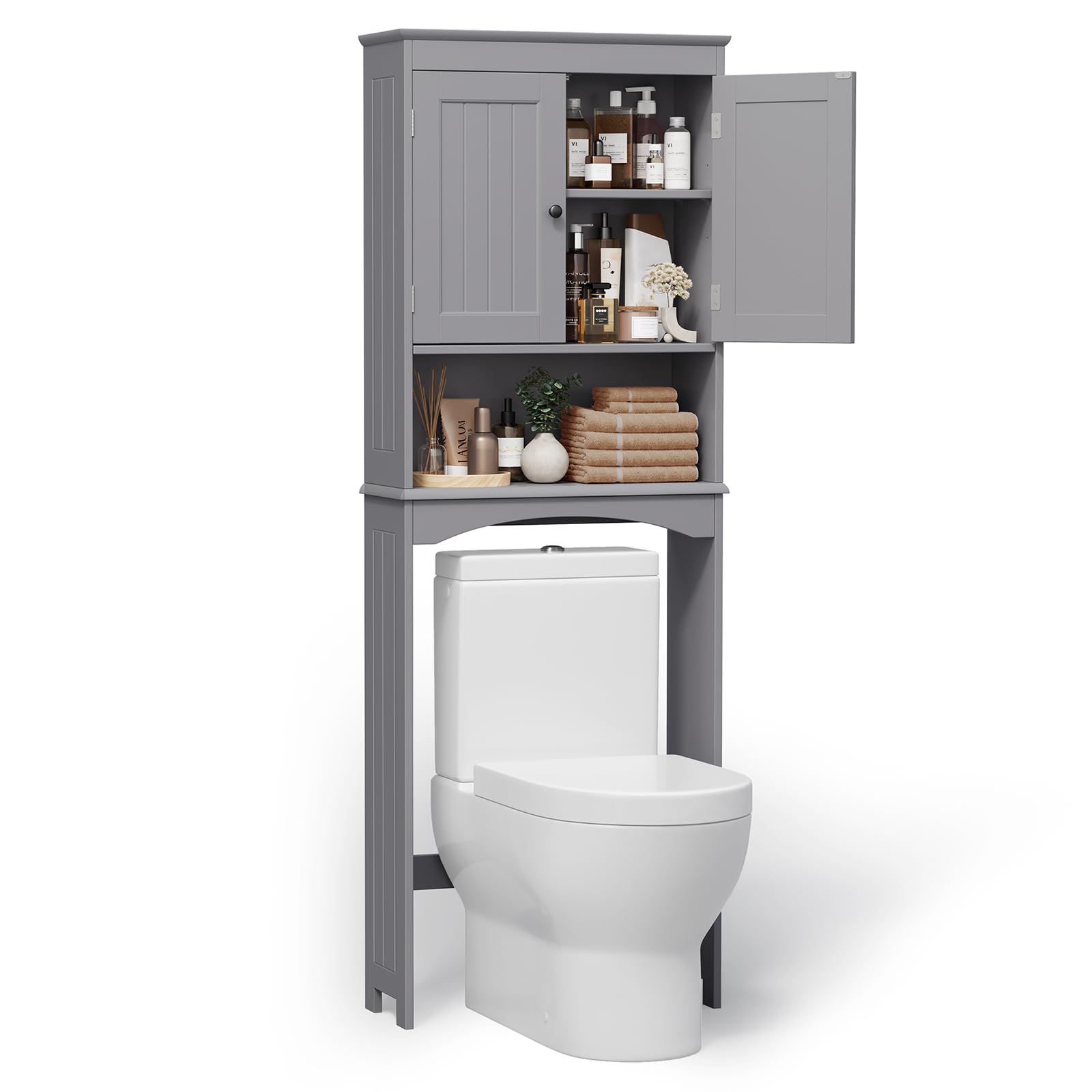 Bealife Toilettenregal, Regal über Toilette mit 3-stufigen verstellbaren Regalen, WC Überbauschrank Freistehend, Überbau Toilettenschrank mit Doppeltüren für Badezimmer (Grau)