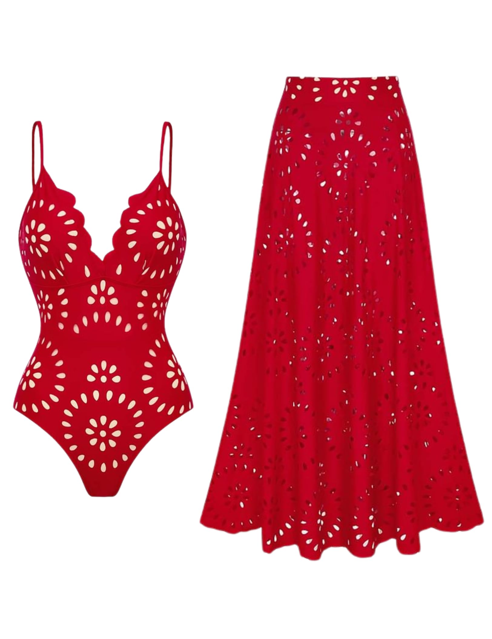Photo 1 of FLAXMAKER Women's One Piece Bathing Suit Petal Hollow Skirt(Red,XL)