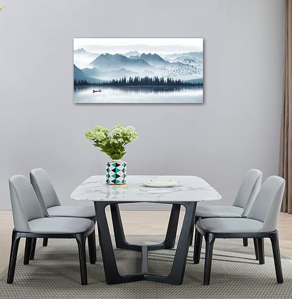arteWOODS Indigo Canvas Wall Art Misty Mountain Wall Pictures Foggy Lake Boat Painting Prints Forest Birds Artwork Wall Decor for Living Room Wall Decorations Framed Ready to Hang 24 x 48